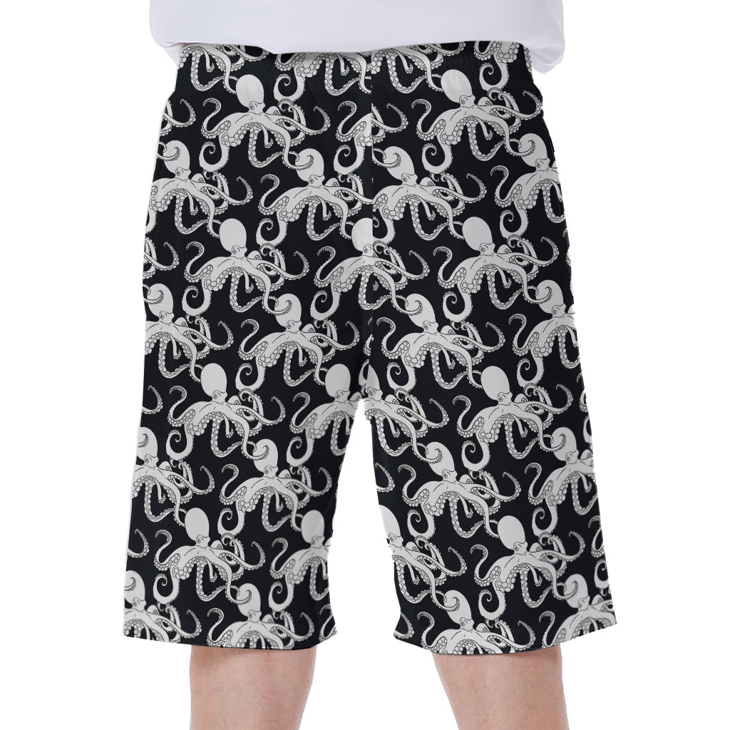 Black and White Octopus Pattern Hawaiian Men's Beach Shorts - 1