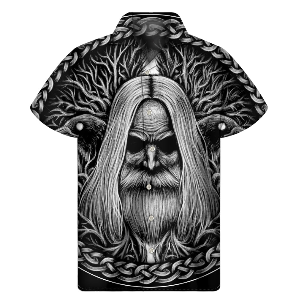 Black and White Hawaiian Odin with Crows Print Men&#39;s Short Sleeve Shirt - 1