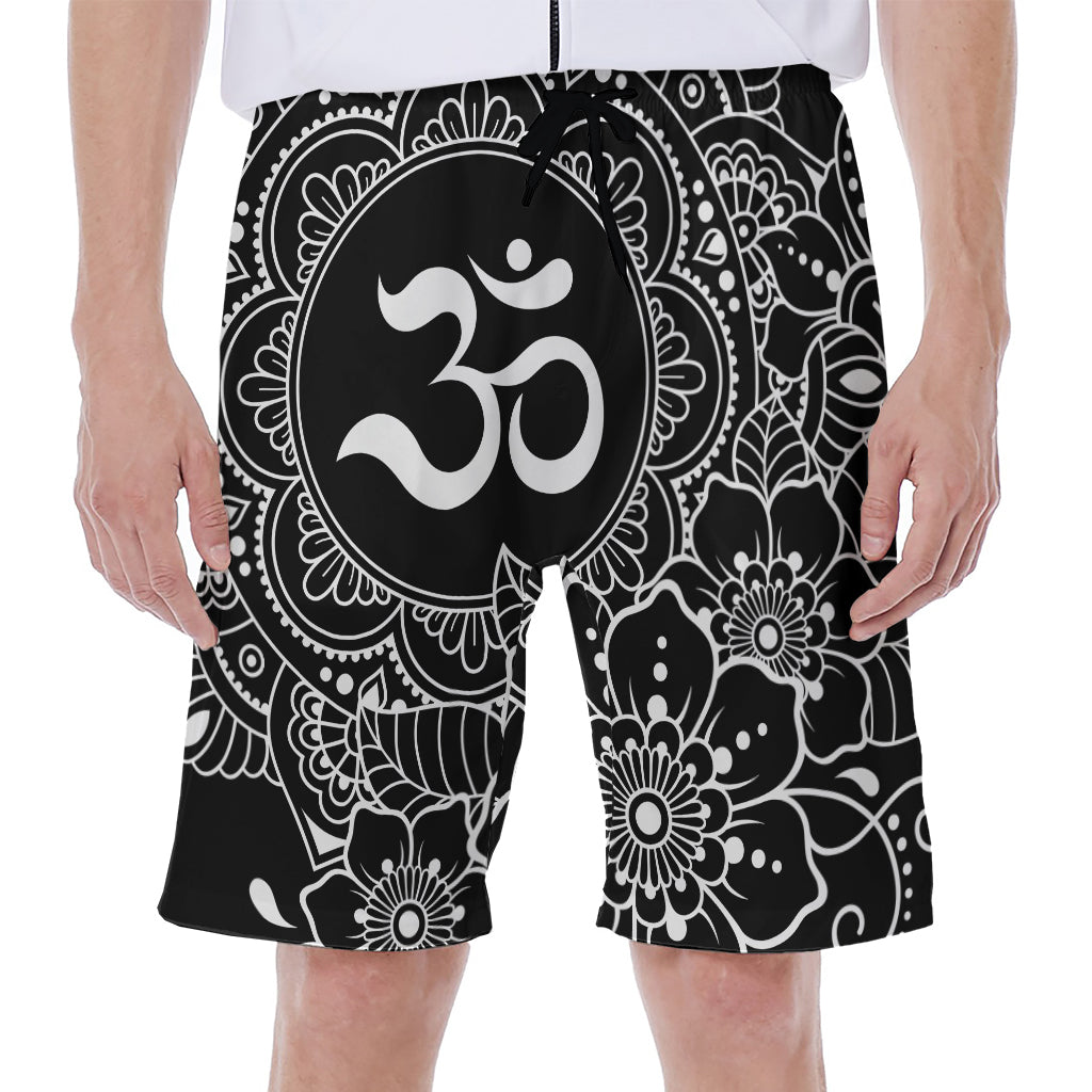 Black and White Om Print Hawaiian Men's Beach Shorts - 1