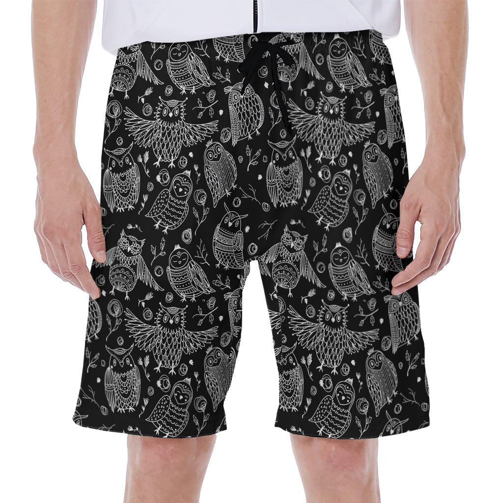 Black and White Owl Pattern Hawaiian Men's Beach Shorts - 1