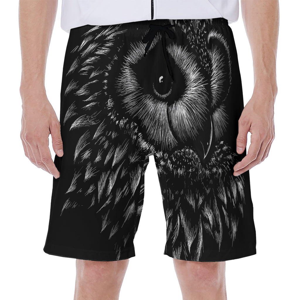 Black and White Owl Print Hawaiian Men's Beach Shorts - 1