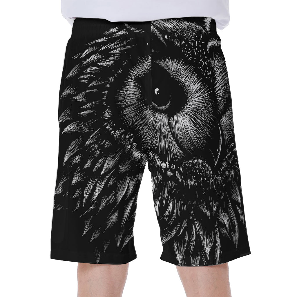 Black and White Owl Print Hawaiian Men's Beach Shorts - 1