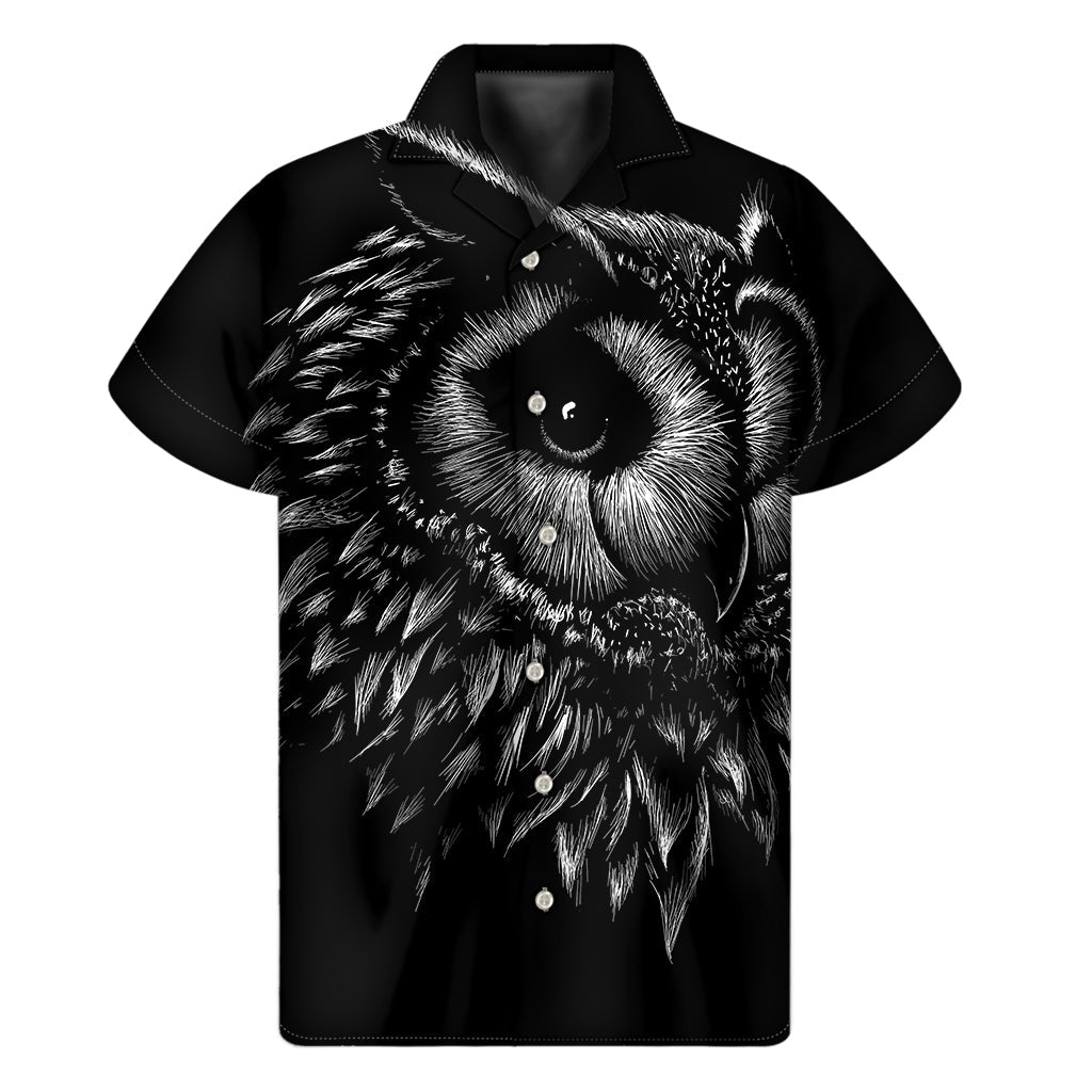 Black and White Owl Print Hawaiian Short Sleeve Shirt - 1