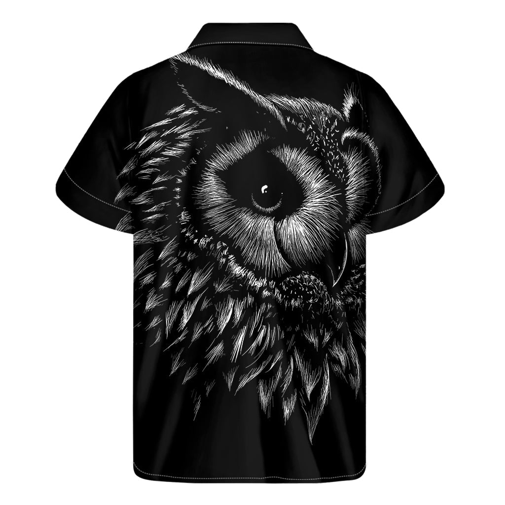 Black and White Owl Print Hawaiian Short Sleeve Shirt - 2