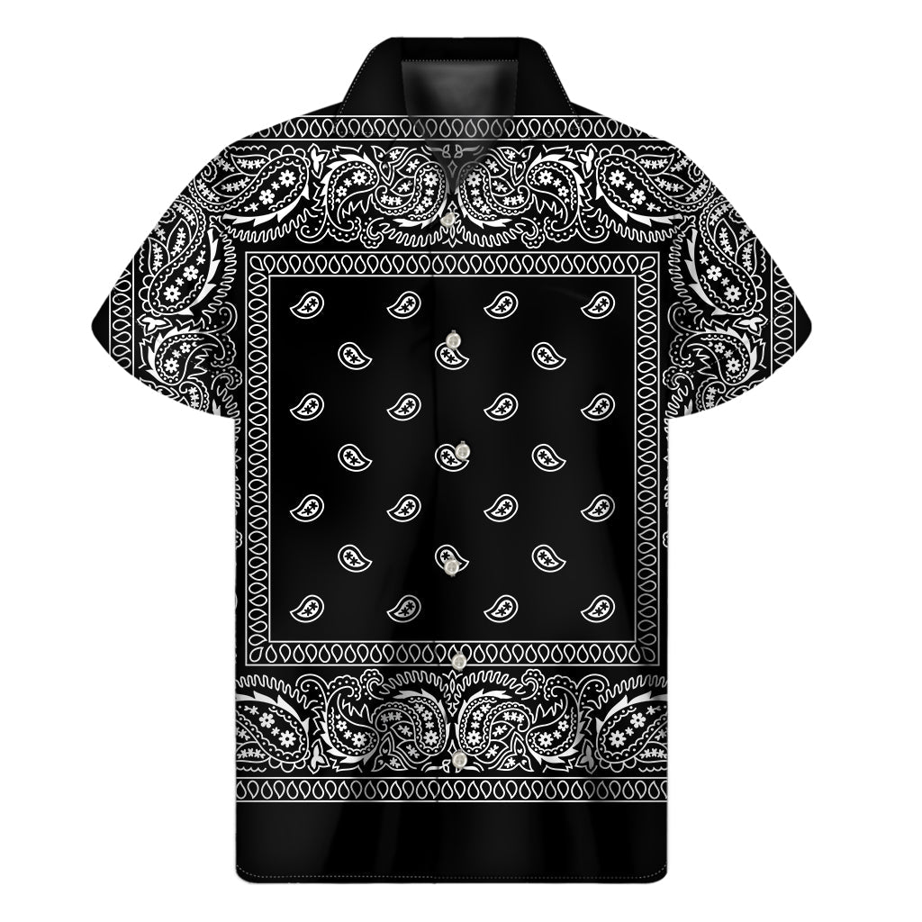 Black and White Paisley Bandana Print Hawaiian Short Sleeve Shirt - 1