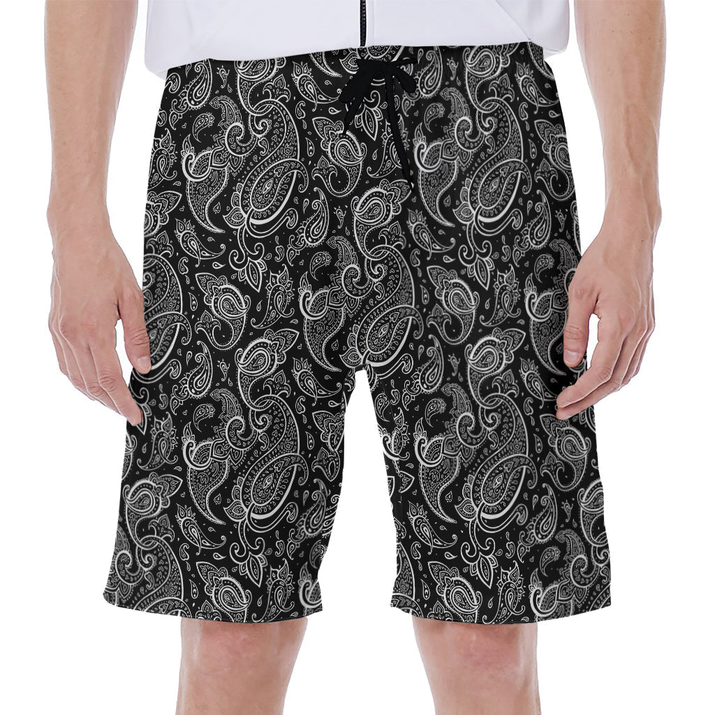 Black and White Paisley Print Men's Hawaiian Beach Shorts - 1