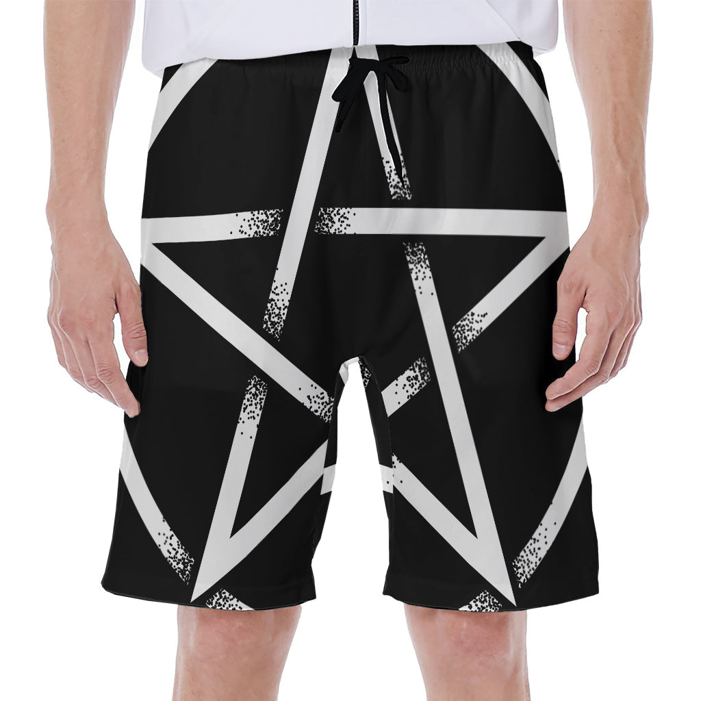 Black and White Pentagram Symbol Print Hawaiian Men's Beach Shorts - 1