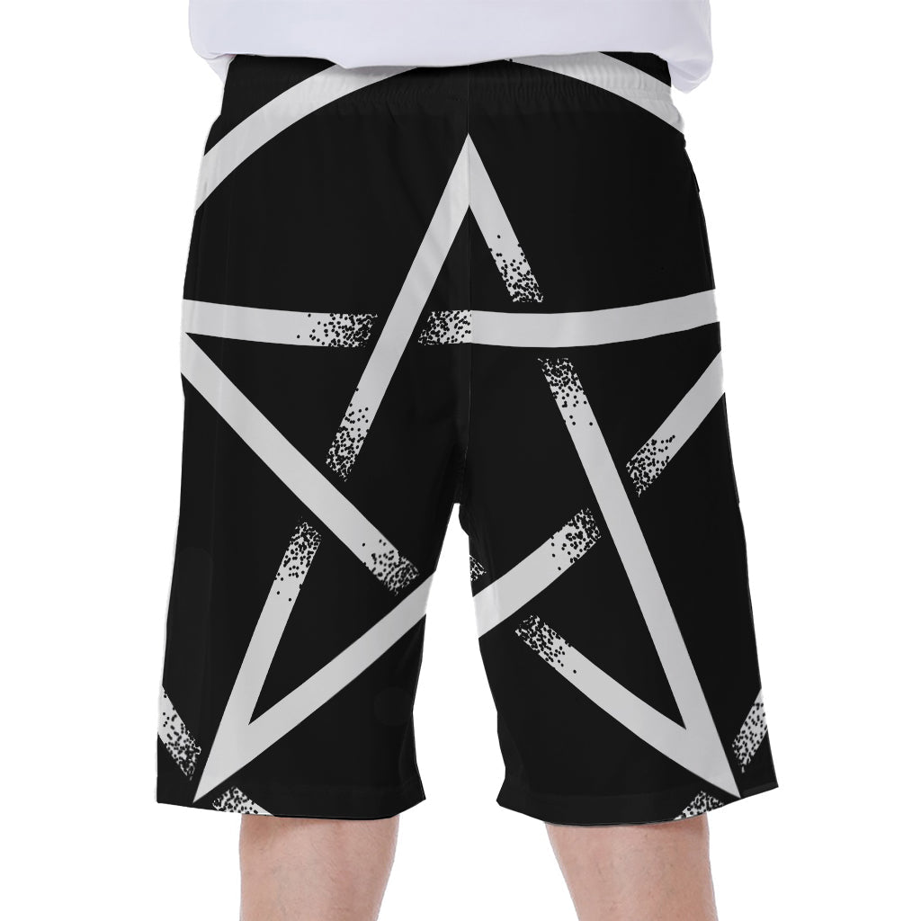 Black and White Pentagram Symbol Print Hawaiian Men's Beach Shorts - 1