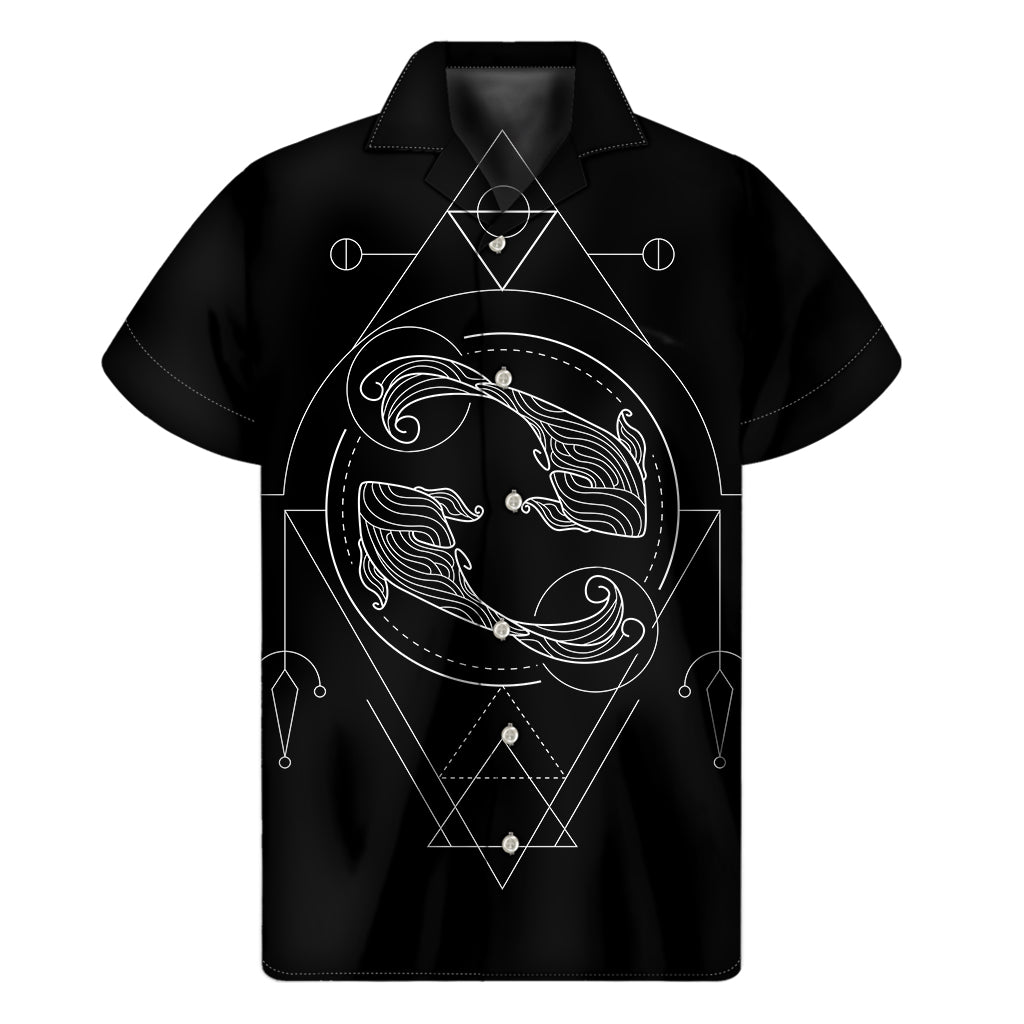 Pisces Paradise: Men&#39;s Hawaiian Short Sleeve Shirt in Black and White - 1