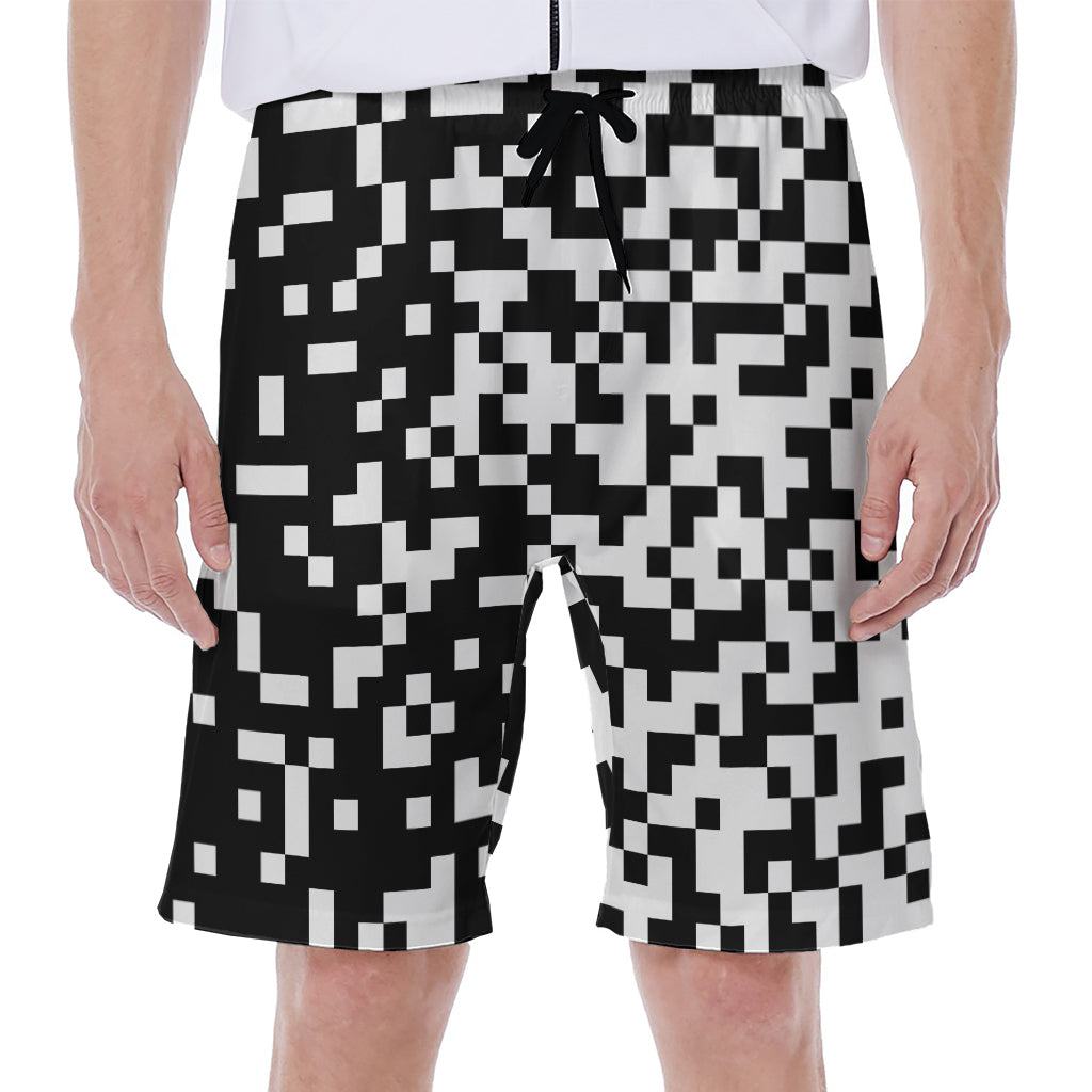 Black and White Pixel Pattern Hawaiian Men's Beach Shorts - 1