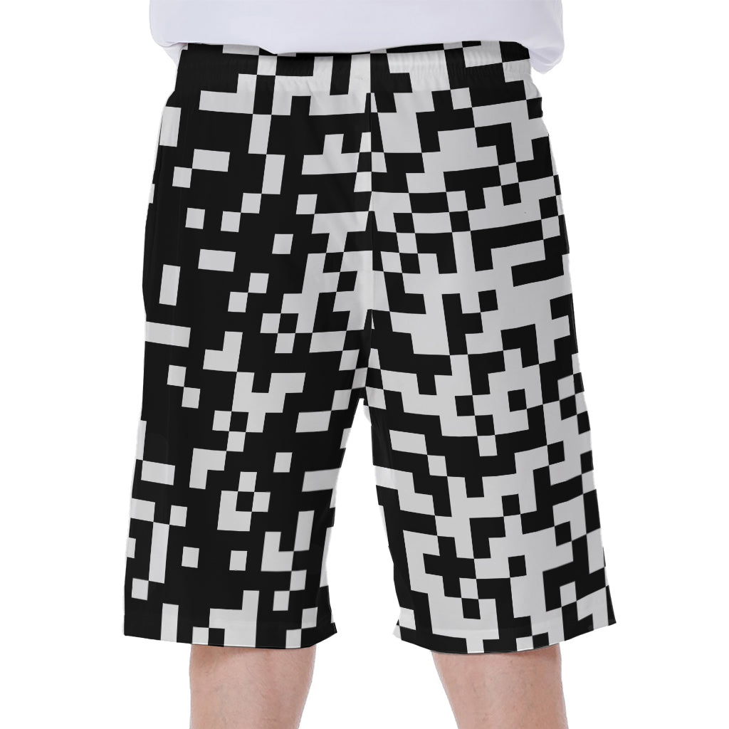 Black and White Pixel Pattern Hawaiian Men's Beach Shorts - 1