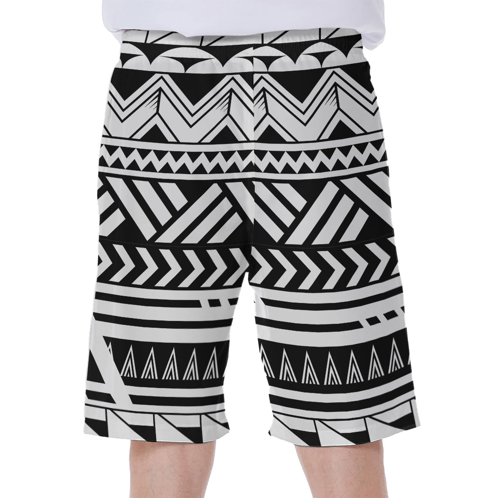 Black and White Polynesian Print: Men's Hawaiian Beach Shorts - 1