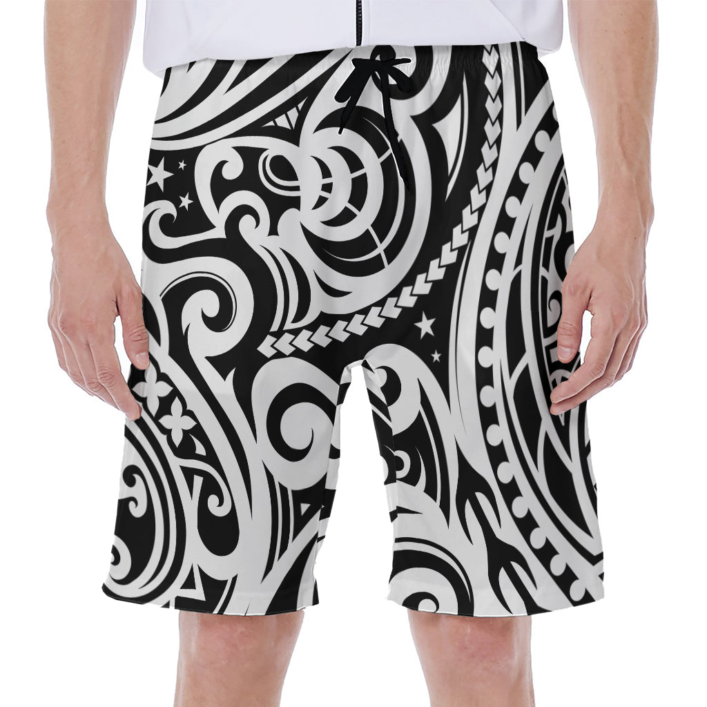 Black and White Polynesian Tattoo Print Hawaiian Men's Beach Shorts - 1