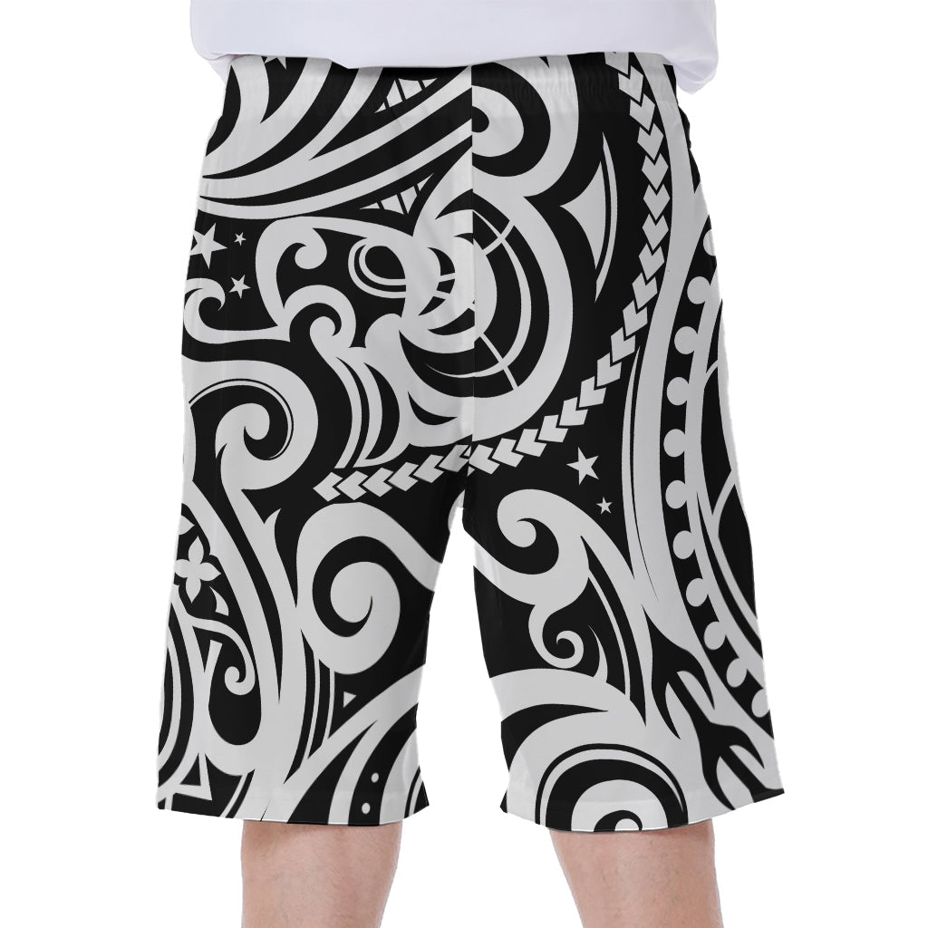 Black and White Polynesian Tattoo Print Hawaiian Men's Beach Shorts - 1