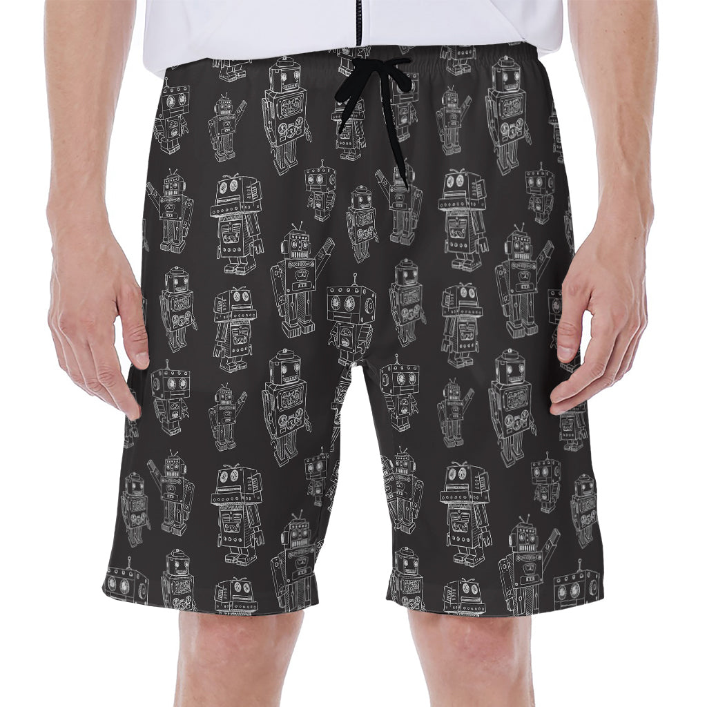 Black and White Robot Pattern Hawaiian Men's Beach Shorts - 1