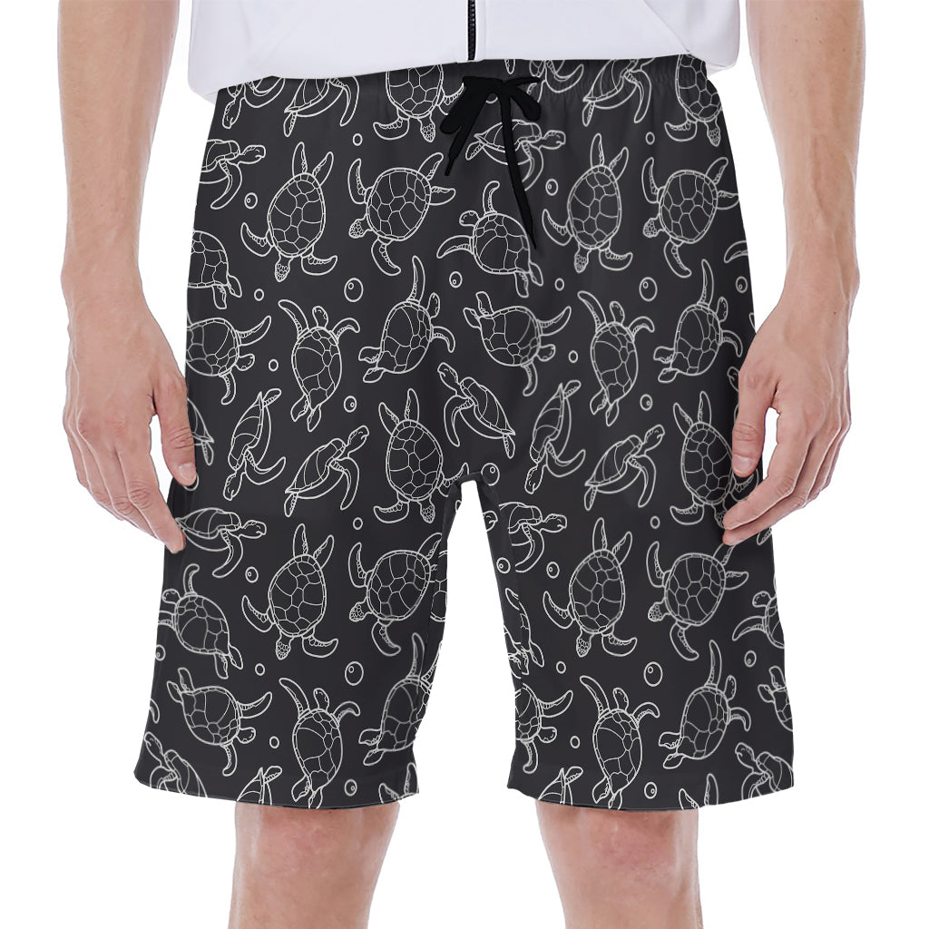 Black and White Sea Turtle Pattern Men's Hawaiian Beach Shorts - 1