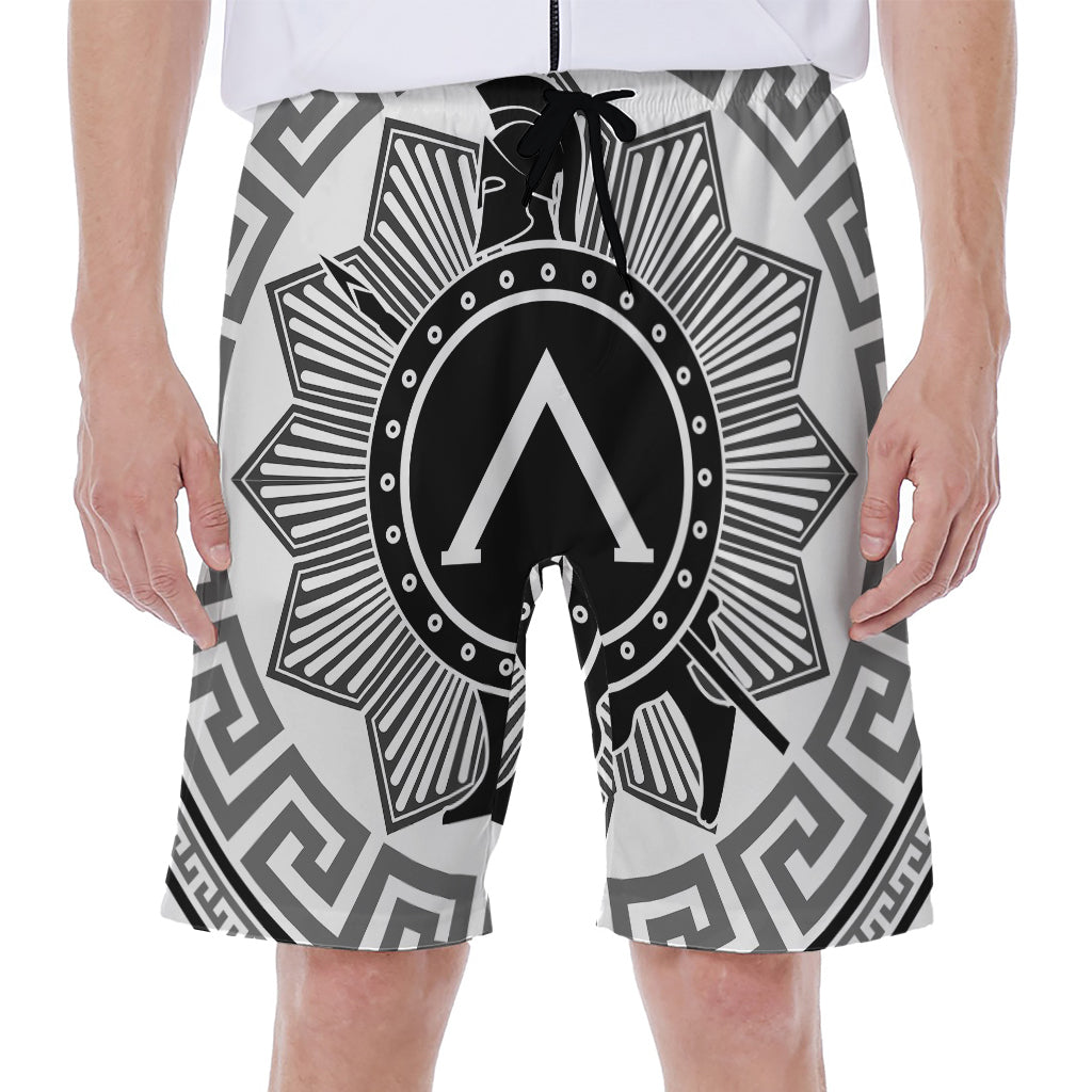 Black and White Spartan Warrior Print Hawaiian Men's Beach Shorts - 1