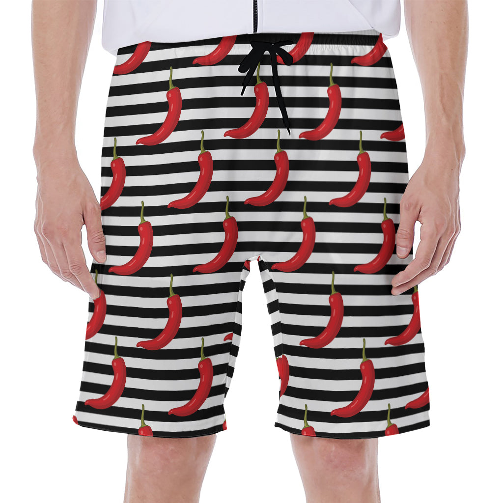 Black and White Chili Stripe Hawaiian Men's Beach Shorts - 1