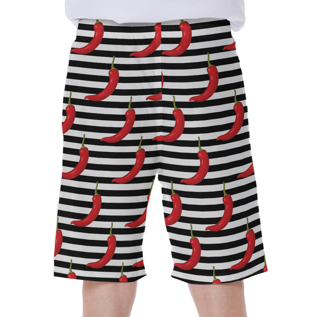 Black and White Chili Stripe Hawaiian Men's Beach Shorts - 1