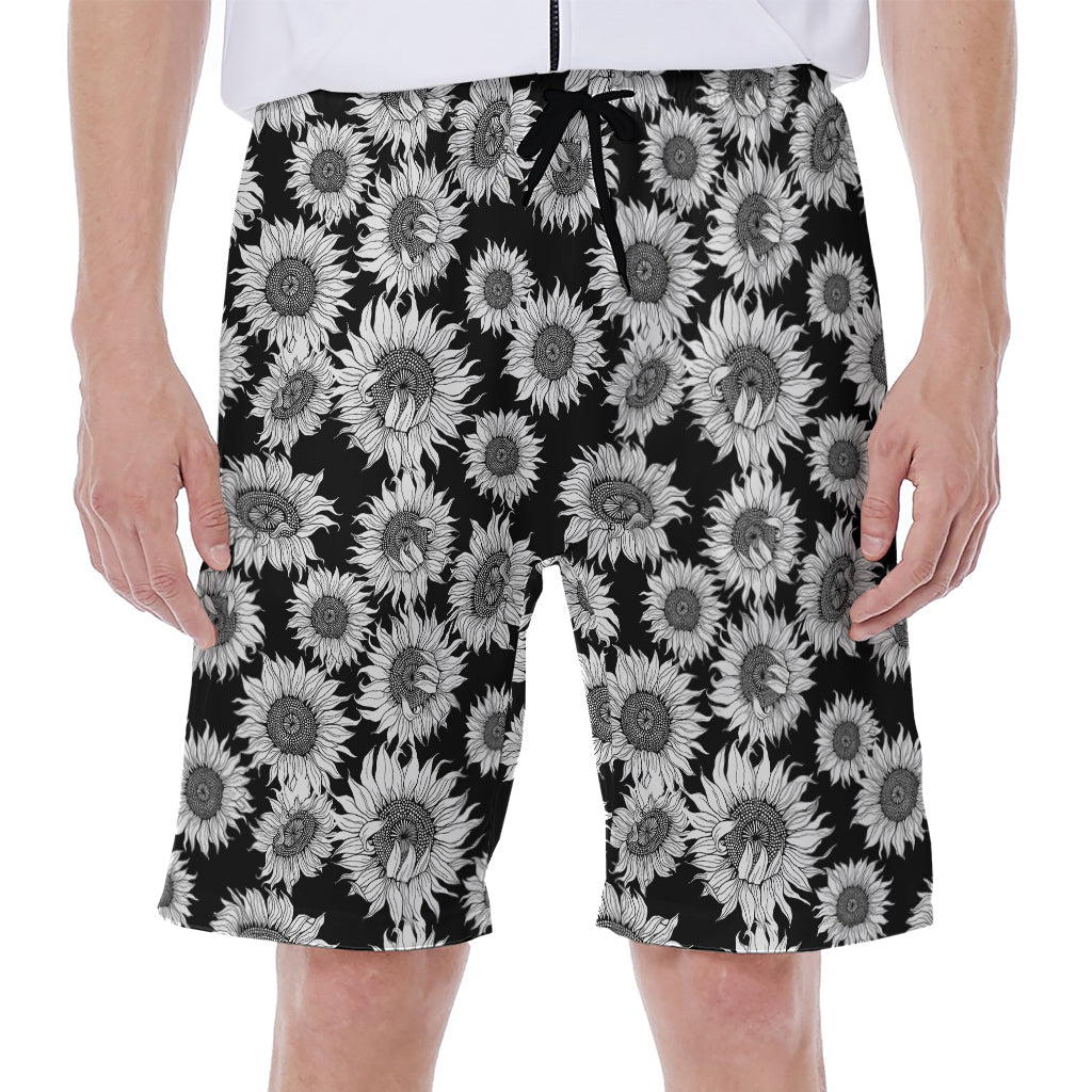 Black and White Sunflower Pattern Hawaiian Men's Beach Shorts - 1