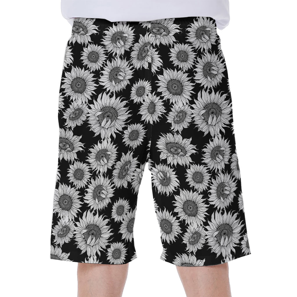 Black and White Sunflower Pattern Hawaiian Men's Beach Shorts - 1