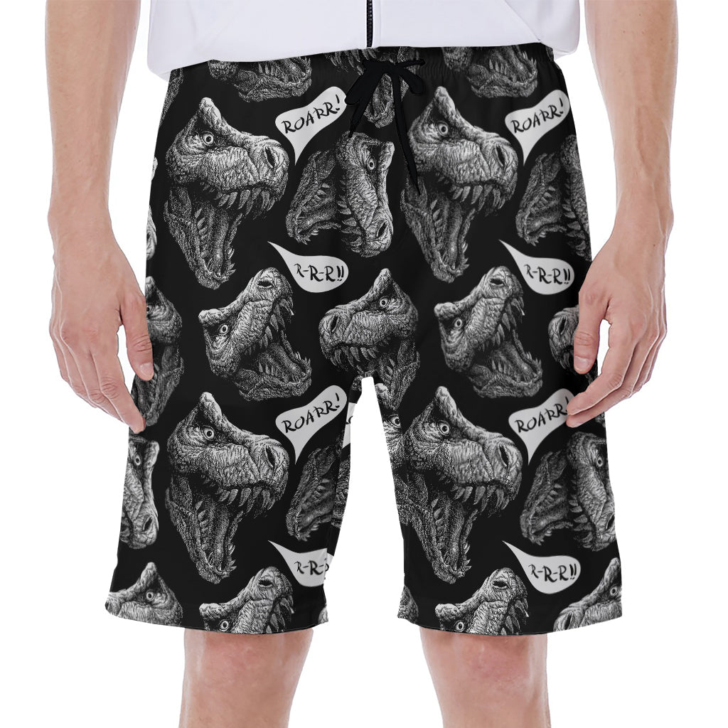 Black and White T-Rex Dinosaur Print Hawaiian Men&#39;s Beach Shorts - 1