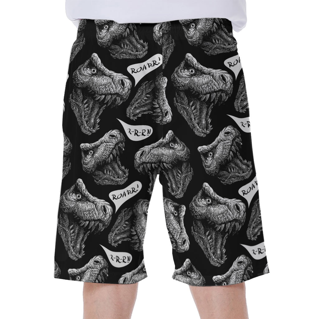 Black and White T-Rex Dinosaur Print Hawaiian Men&#39;s Beach Shorts - 2