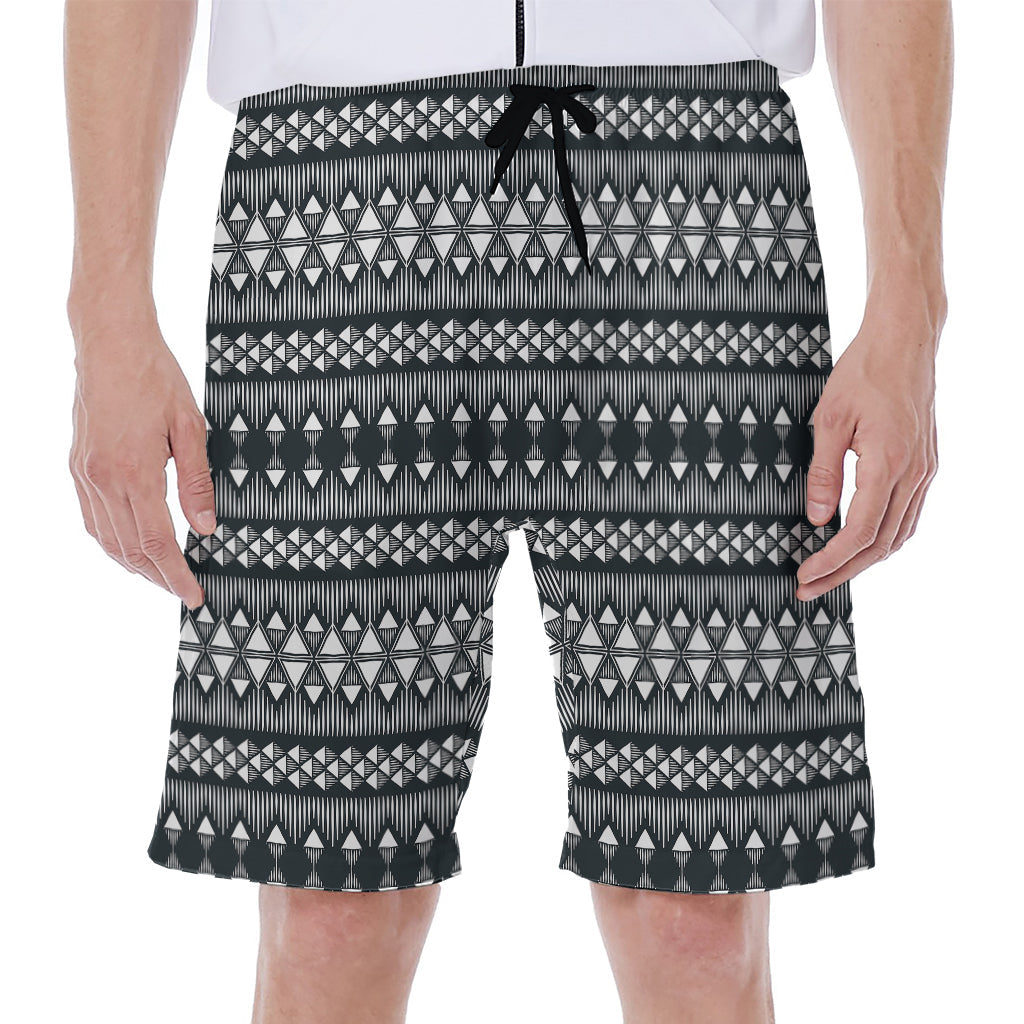 Black and White Tribal Geometric Print Hawaiian Men's Beach Shorts - 1