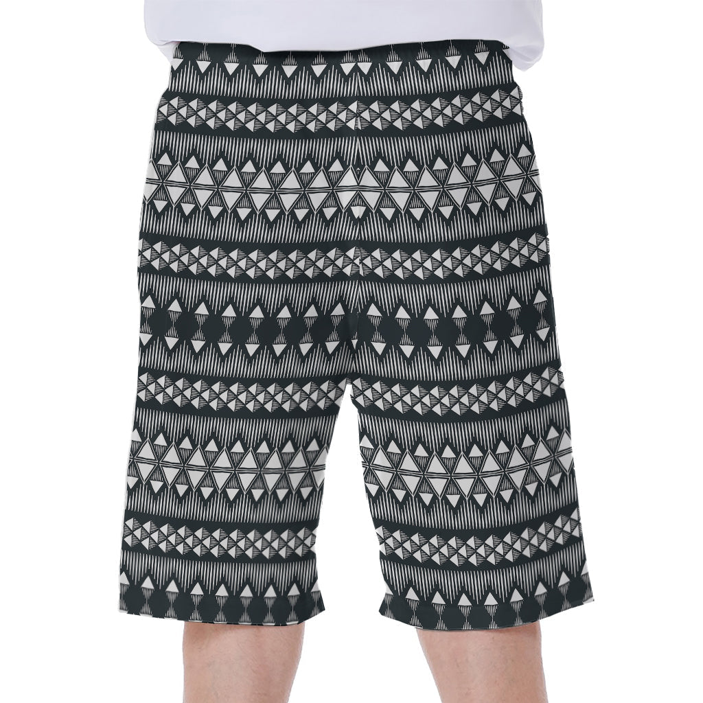 Black and White Tribal Geometric Print Hawaiian Men's Beach Shorts - 1