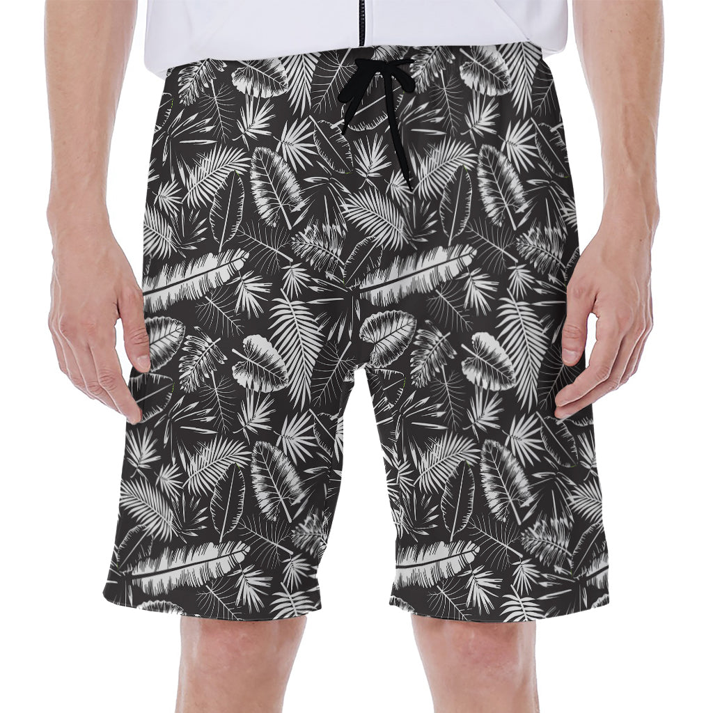 Black and White Tropical Palm Leaf Print Hawaiian Outfit: Men&#39;s Beach Shorts - 1