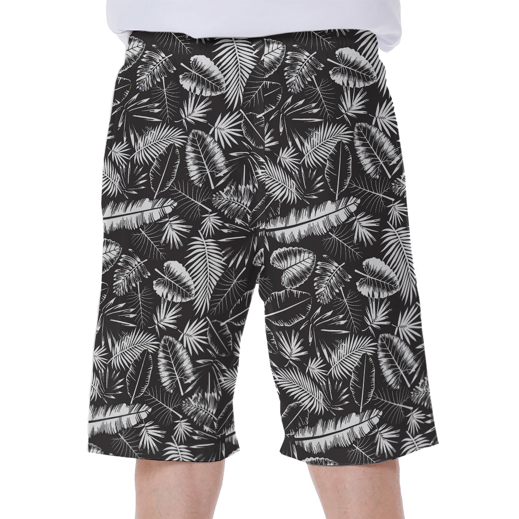 Black and White Tropical Palm Leaf Print Hawaiian Outfit: Men&#39;s Beach Shorts - 2