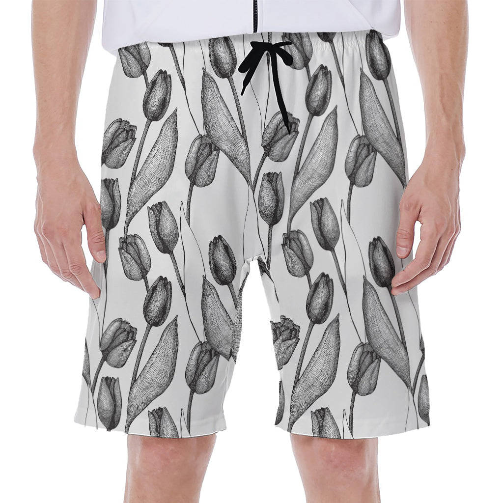 Black and White Tulip Pattern Hawaiian Men's Beach Shorts - 1