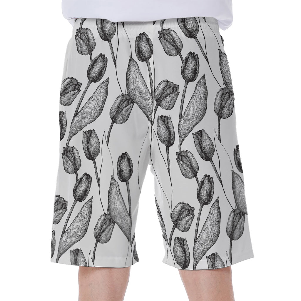 Black and White Tulip Pattern Hawaiian Men's Beach Shorts - 1