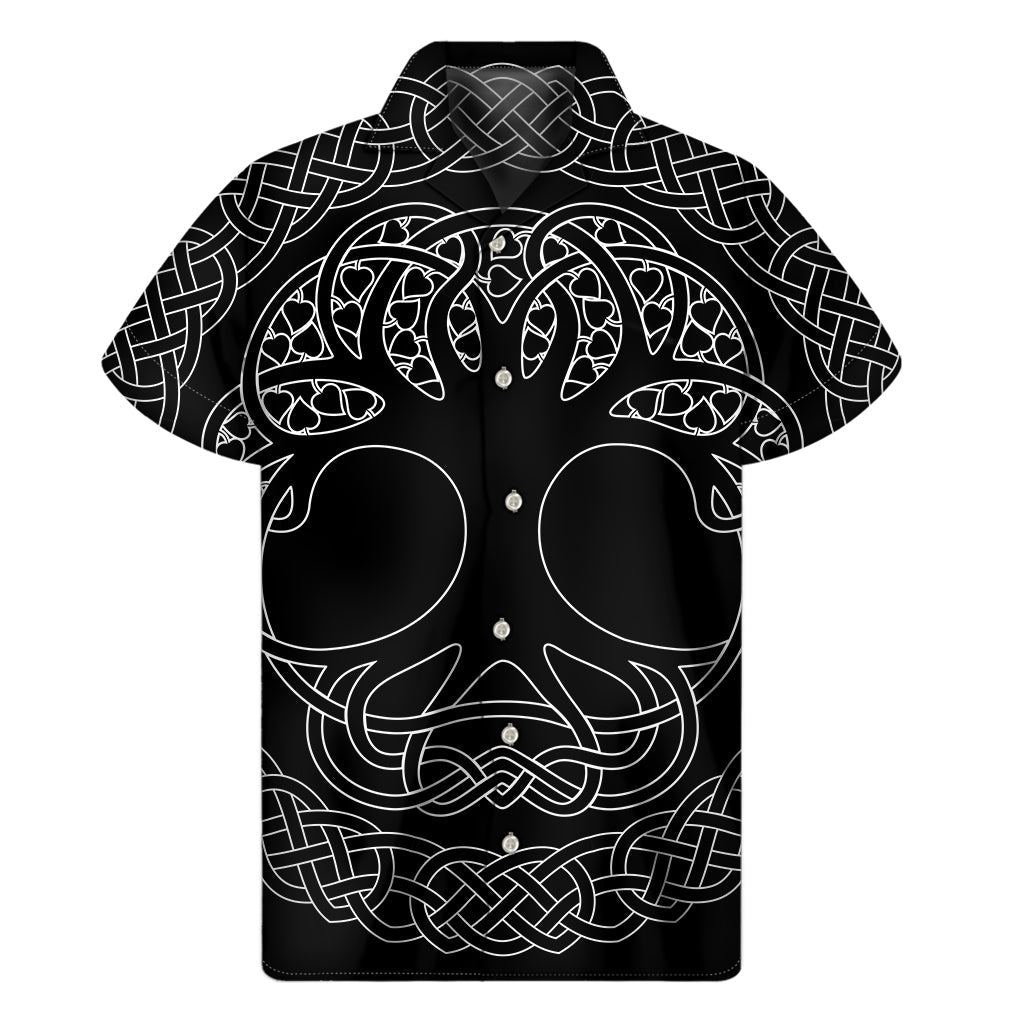 Black and White Yggdrasil Print Hawaiian Short Sleeve Shirt - 1