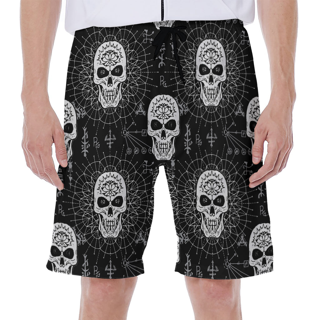 Black and White Wicca Evil Skull Print Hawaiian Men's Beach Shorts - 1