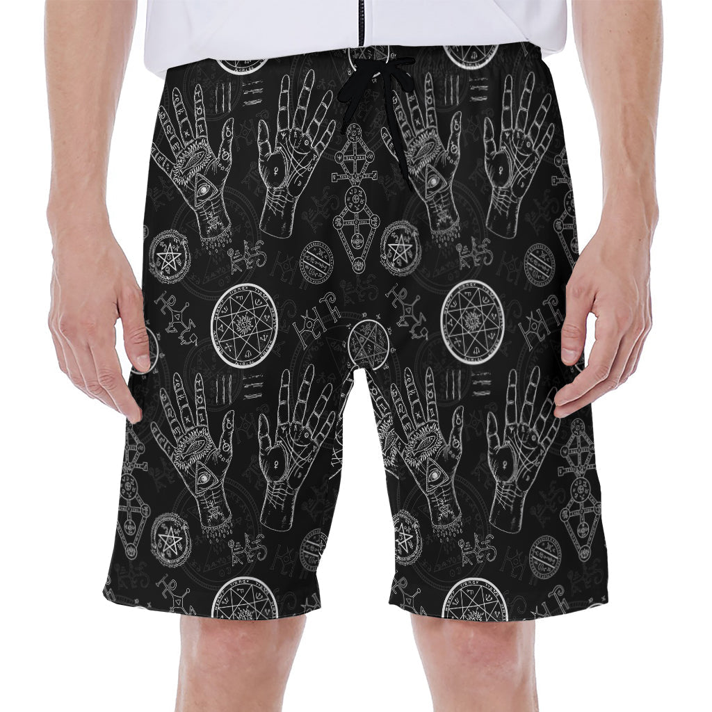 Black and White Wiccan Palmistry Print Hawaiian Men's Beach Shorts - 1