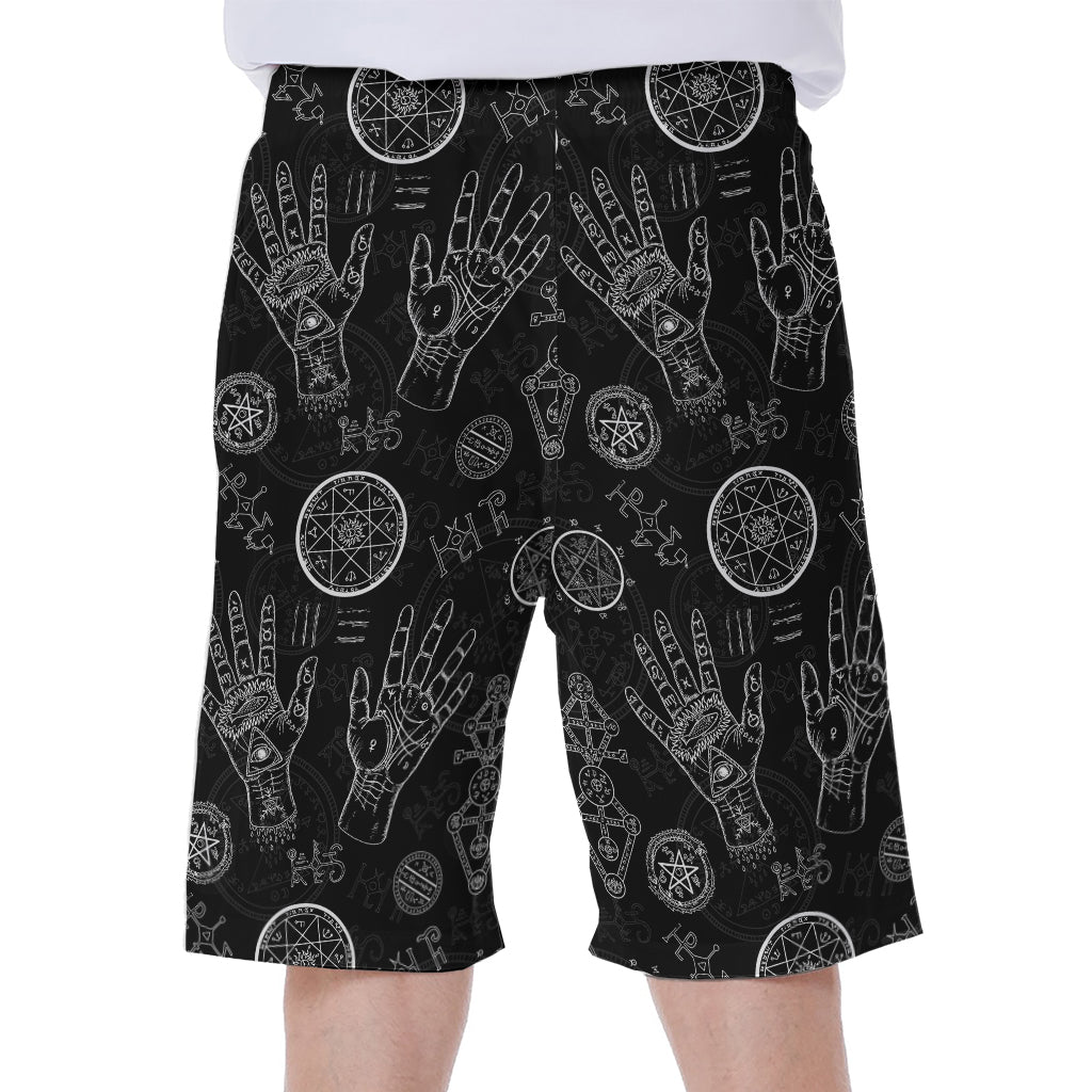 Black and White Wiccan Palmistry Print Hawaiian Men's Beach Shorts - 1