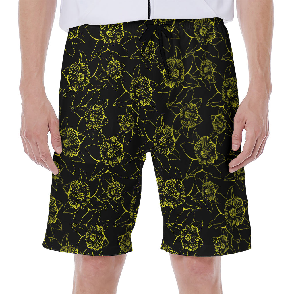 Black and Yellow Daffodil Pattern Hawaiian Men's Beach Shorts - 1