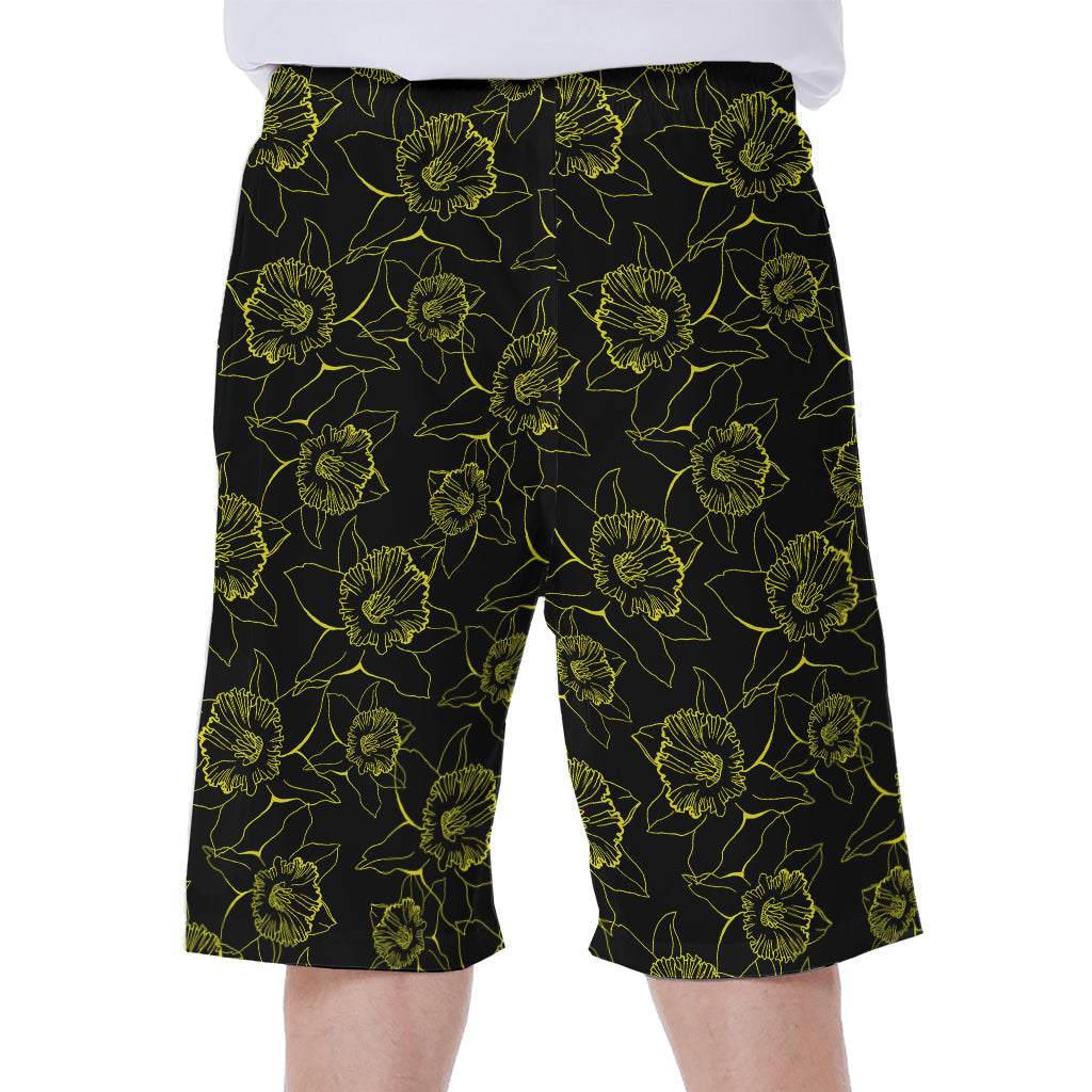 Black and Yellow Daffodil Pattern Hawaiian Men's Beach Shorts - 1