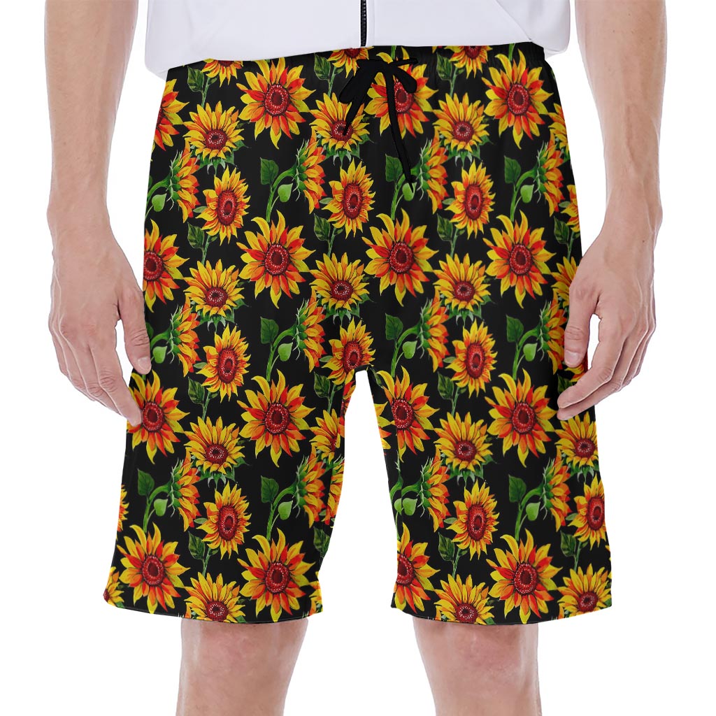 Black Autumn Sunflower Pattern Hawaiian Men's Beach Shorts - 1