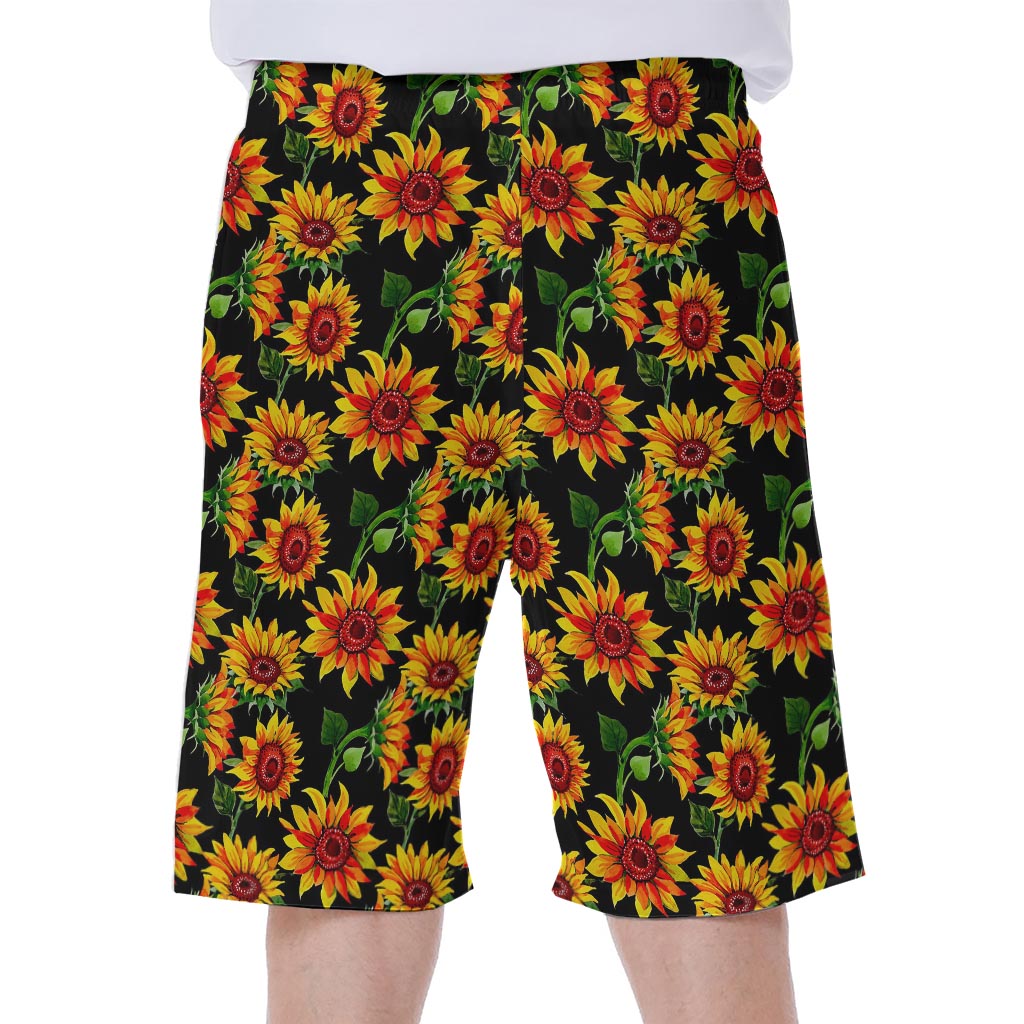 Black Autumn Sunflower Pattern Hawaiian Men's Beach Shorts - 1