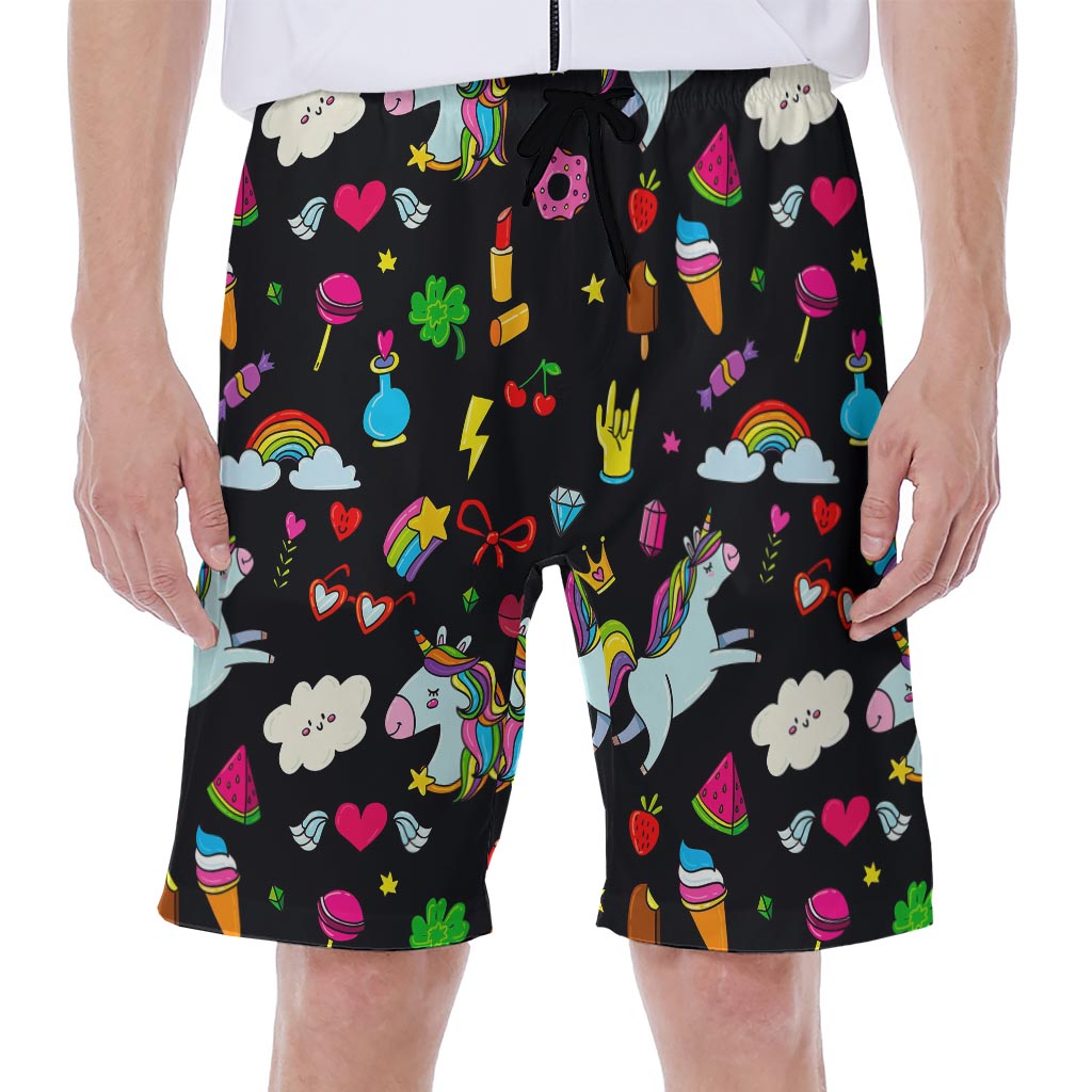 Black Girly Unicorn Pattern Hawaiian Men's Beach Shorts - 1