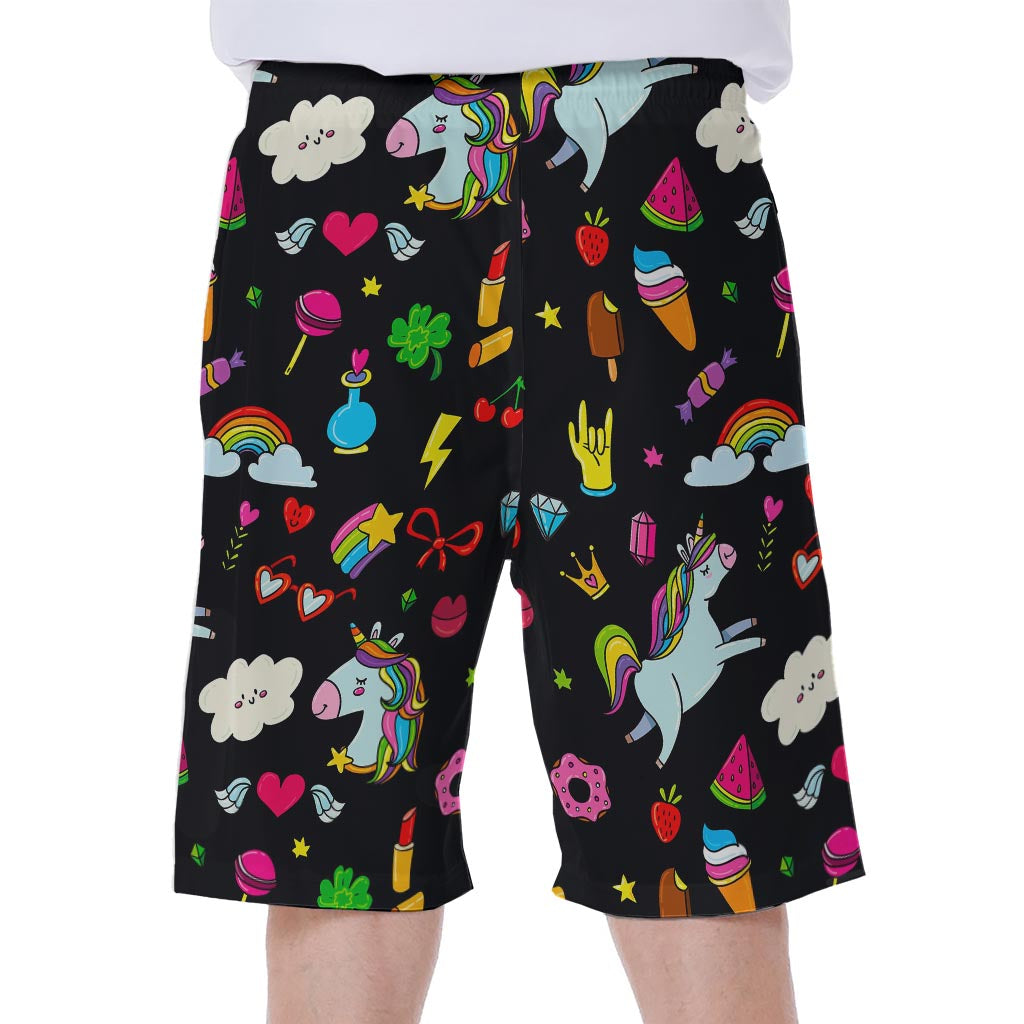 Black Girly Unicorn Pattern Hawaiian Men's Beach Shorts - 1