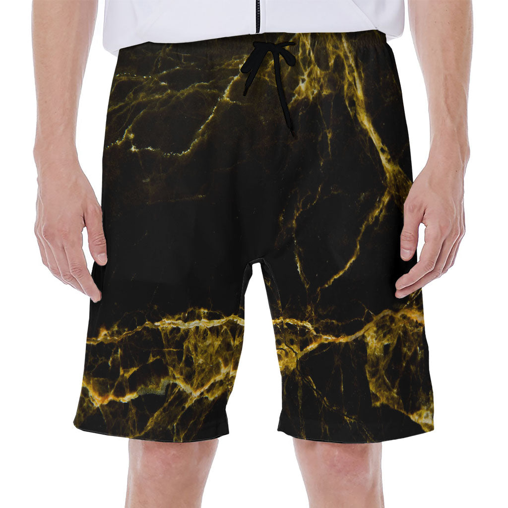 Black Gold Marble Print Hawaiian Men's Beach Shorts - 1