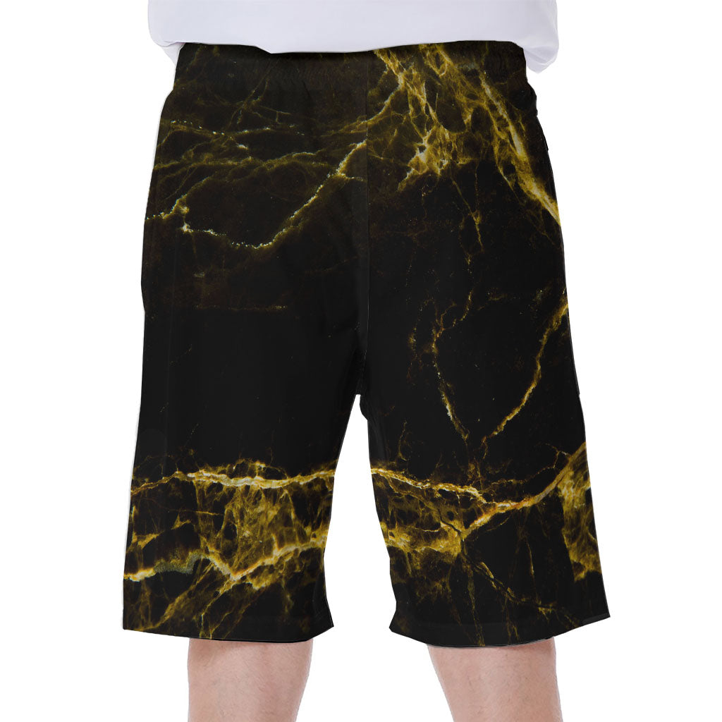 Black Gold Marble Print Hawaiian Men's Beach Shorts - 1