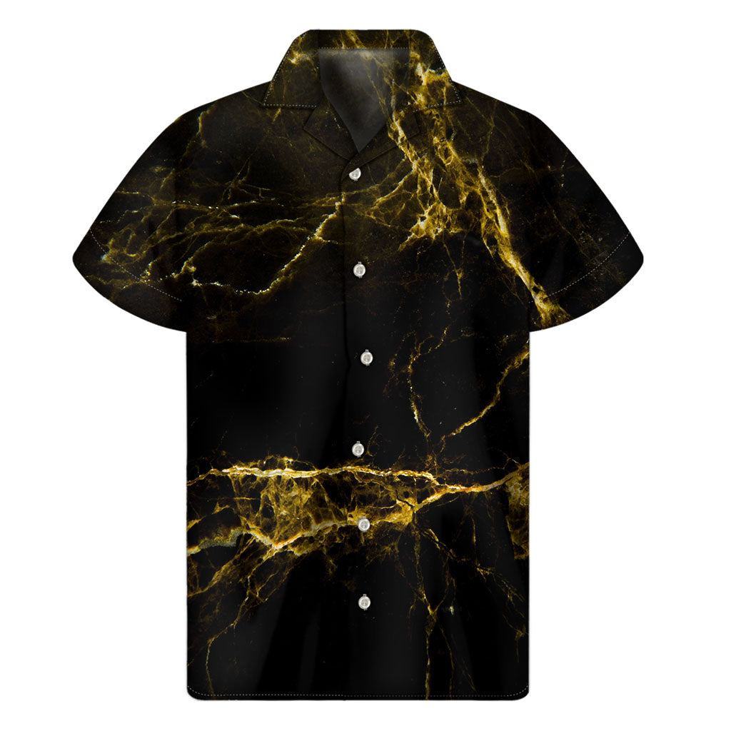 Black and Gold Marble Hawaiian Print Short Sleeve Shirt - 1