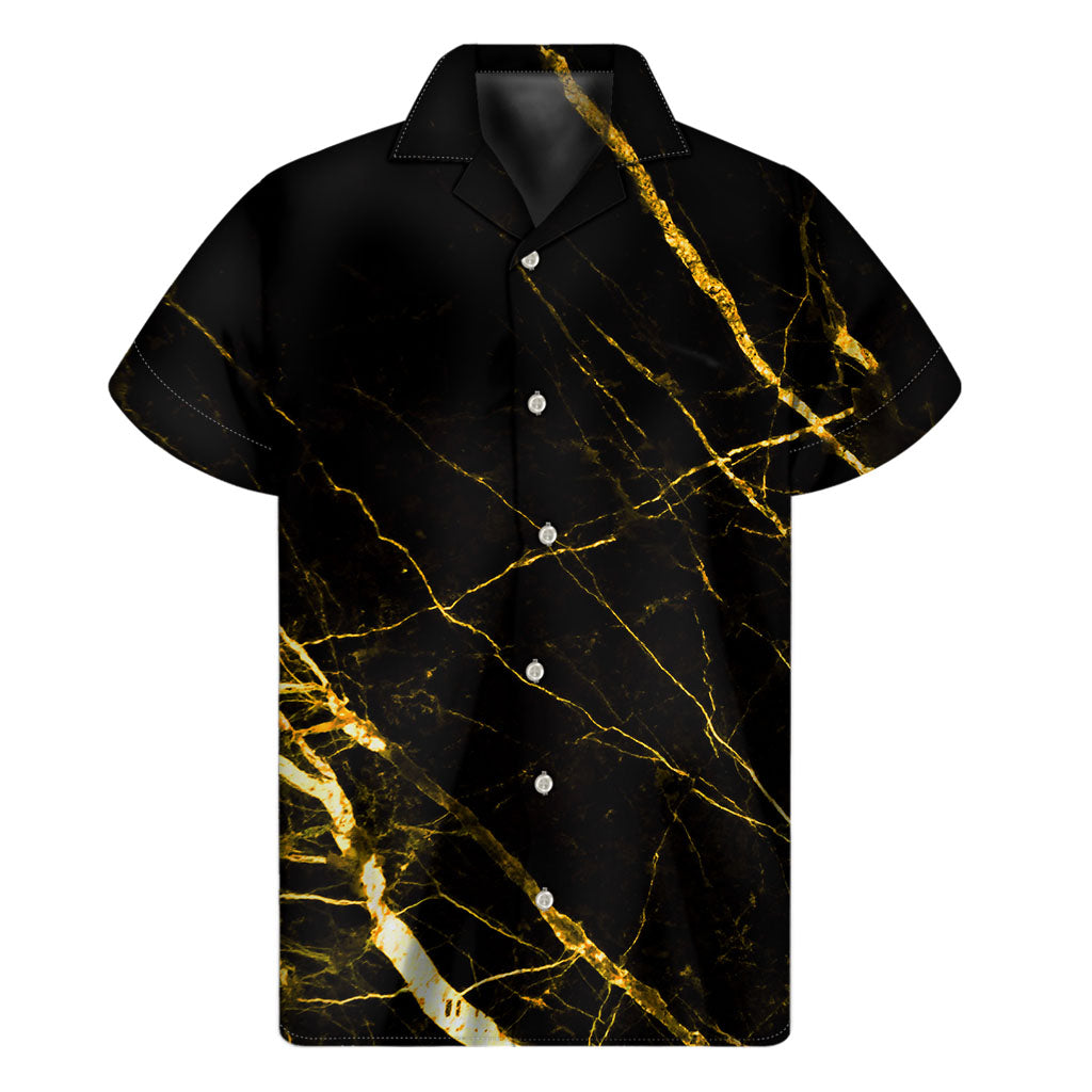 Black and Gold Hawaiian Marble Print Men&#39;s Aloha Shirt - 1