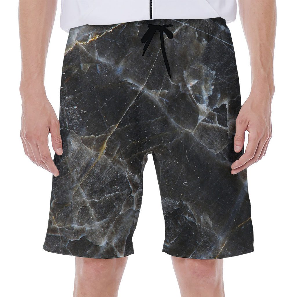 Black Grey Marble Print Hawaiian Men's Beach Shorts - 1