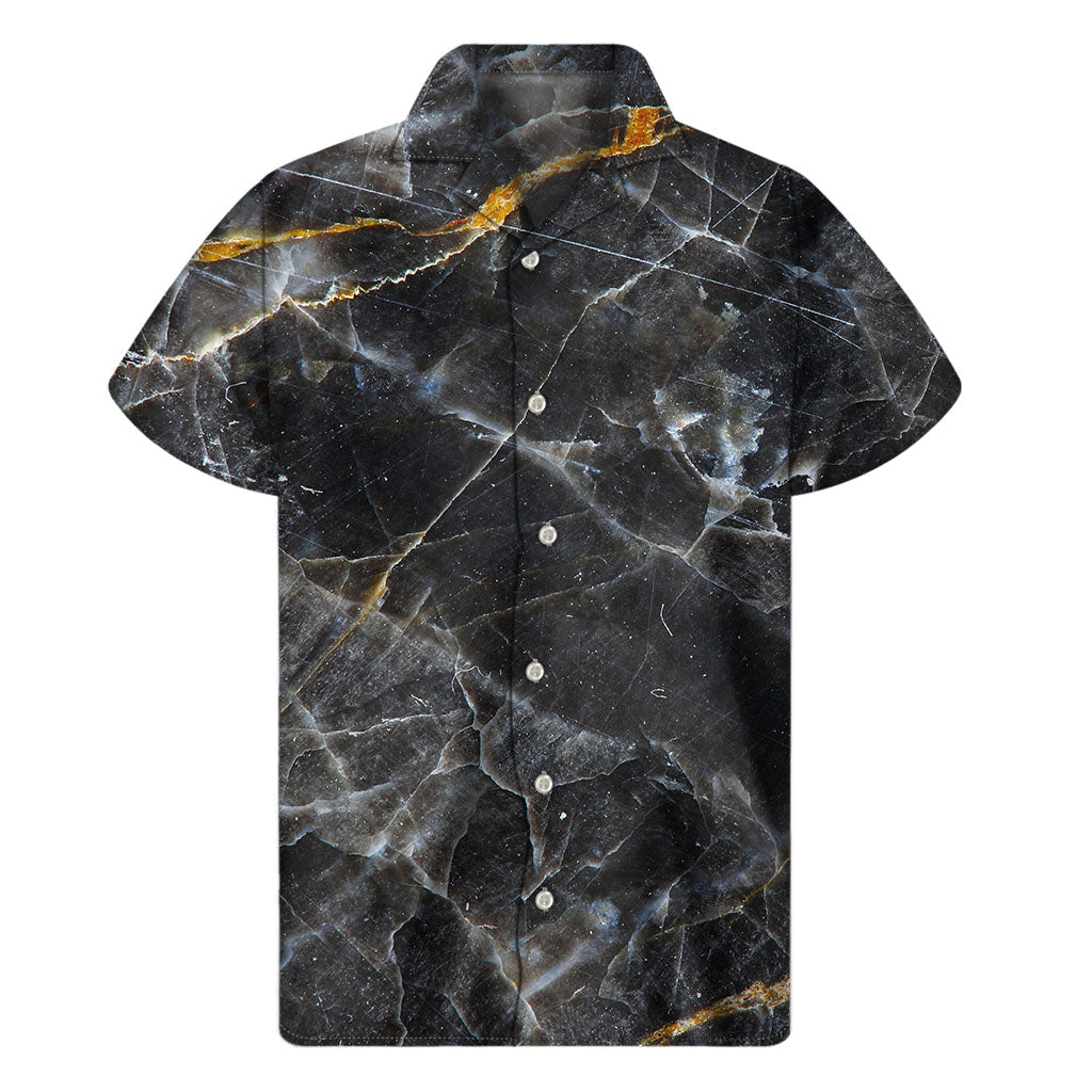 Black and Grey Marble Print Hawaiian Men&#39;s Short Sleeve Shirt - 1