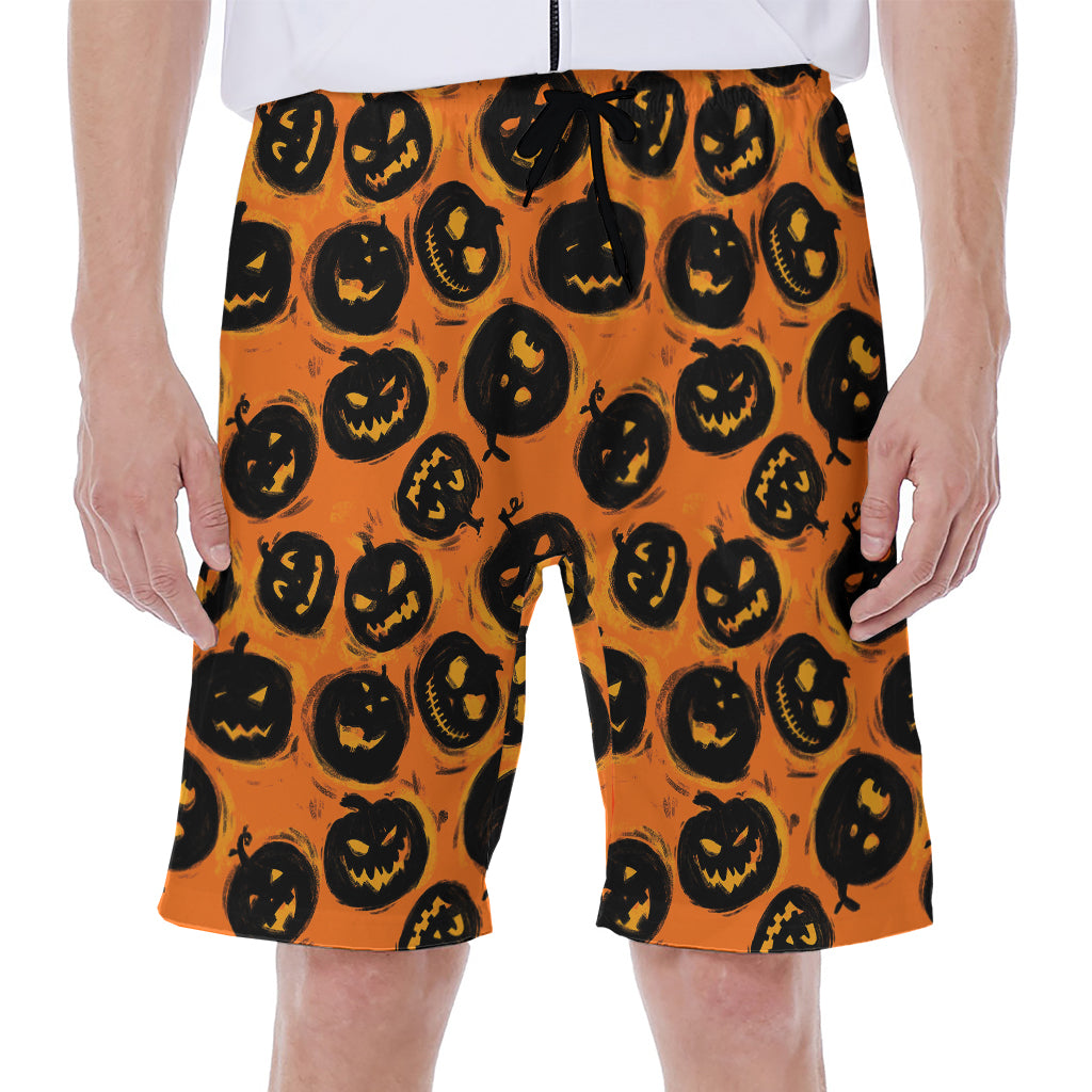 Black Halloween Pumpkin Pattern Print Hawaiian Men&#39;s Beach Shorts - 1